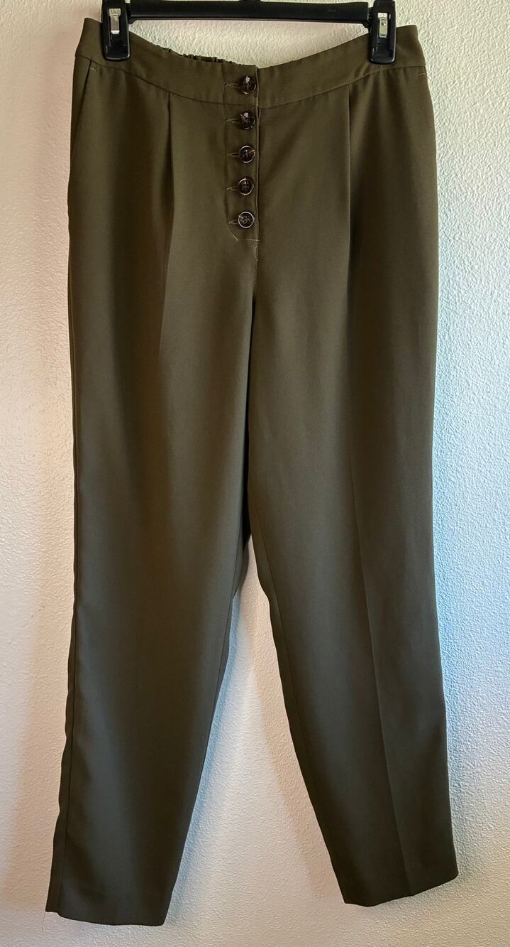 EXPRESS | Olive Green Ankle Pants High Rise Button Front Pleated Tapered | Small